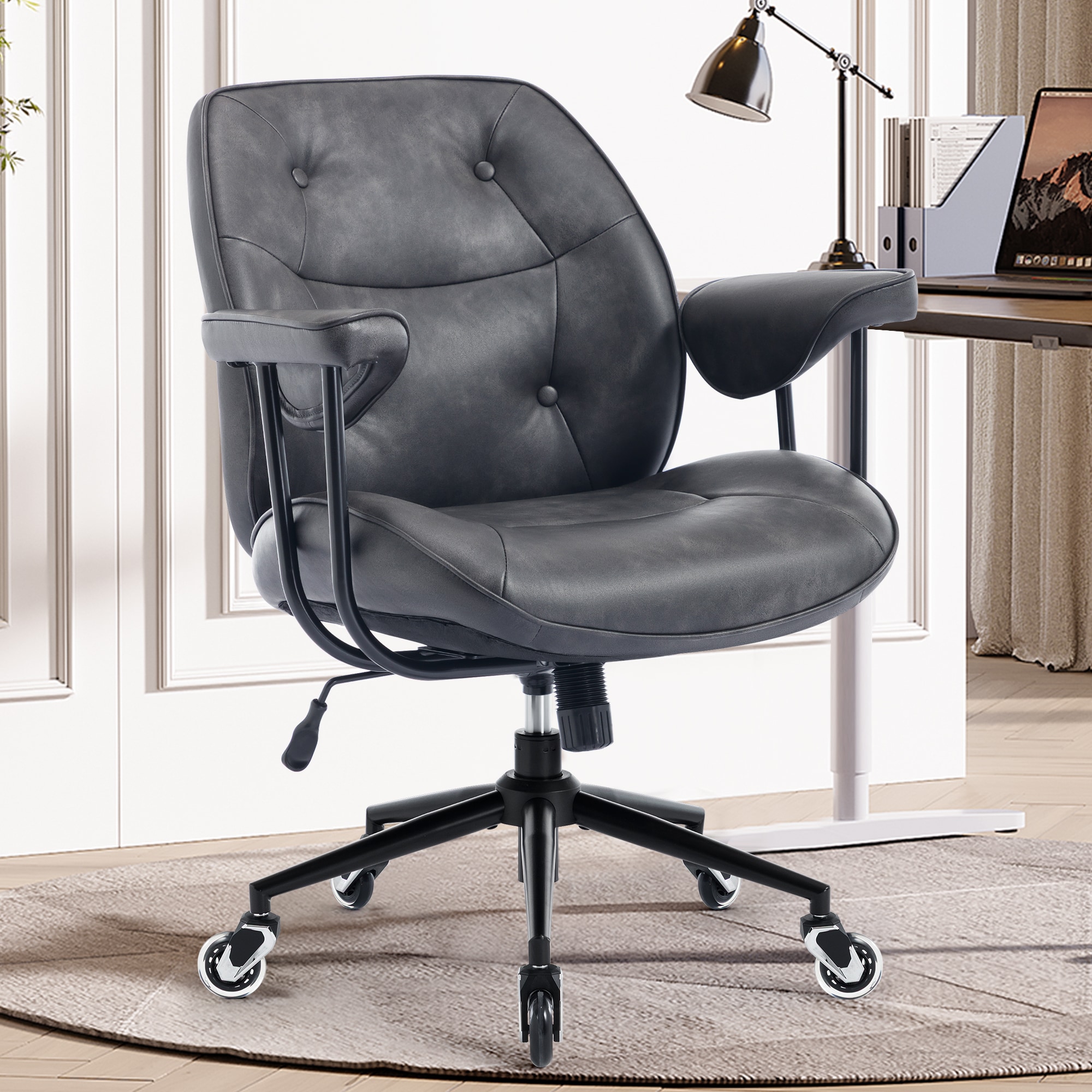 Ergonomic Retro Leather Office Chair With Lumbar Support Wheels_voghion.com